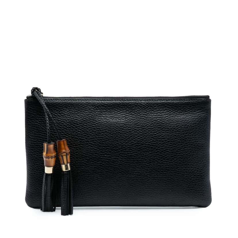 Gucci Calfskin Bamboo Clutch Black Leather Very good condition - Front View