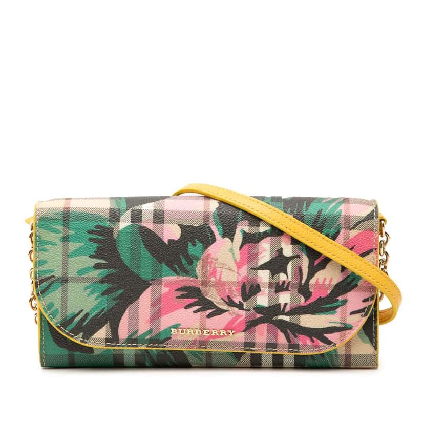 Burberry Haymarket Check Floral Coated Canvas and Leather Izzy Wallet on Chain Brown Canvas Good condition - Front View