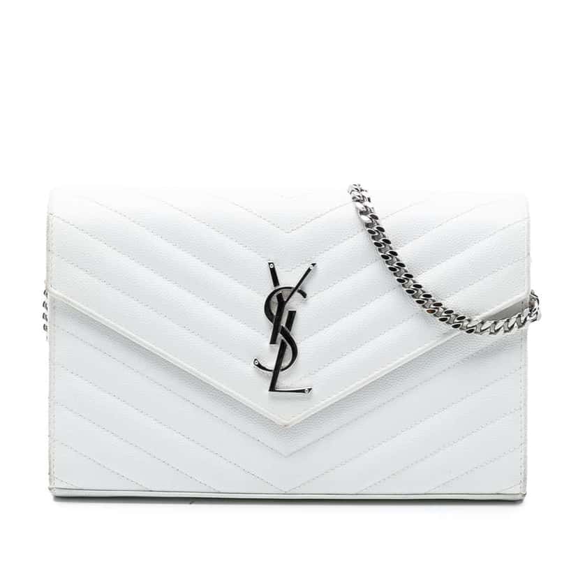 Saint Laurent Grain De Poudre Cassandre Chain Wallet White Leather Good condition - Front View