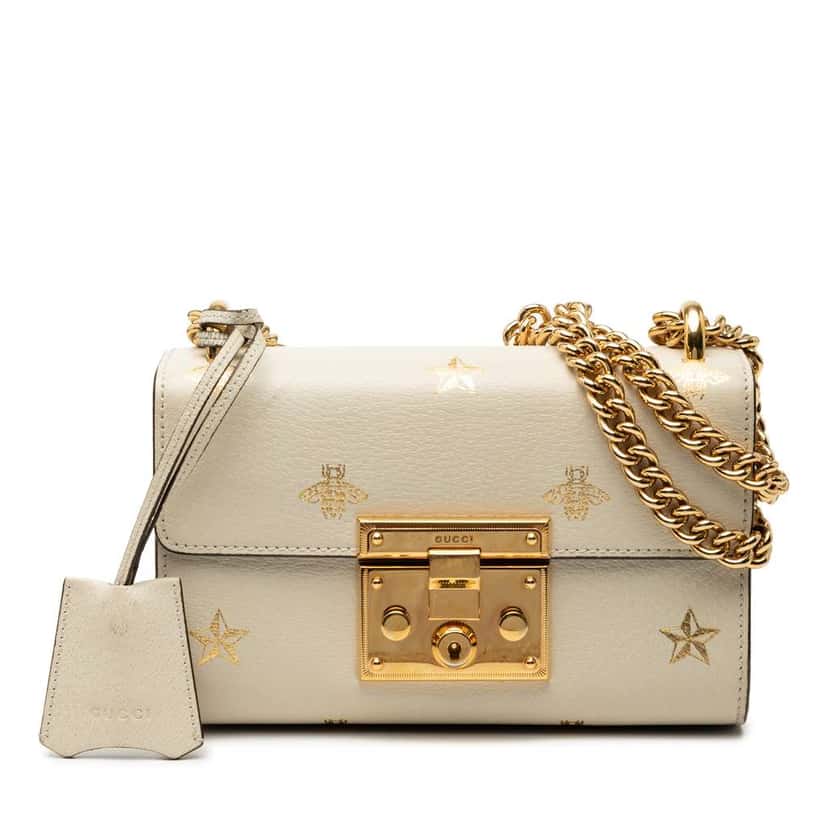 Gucci Small Leather Bee Star Padlock Crossbody White Leather Very good condition - Front View