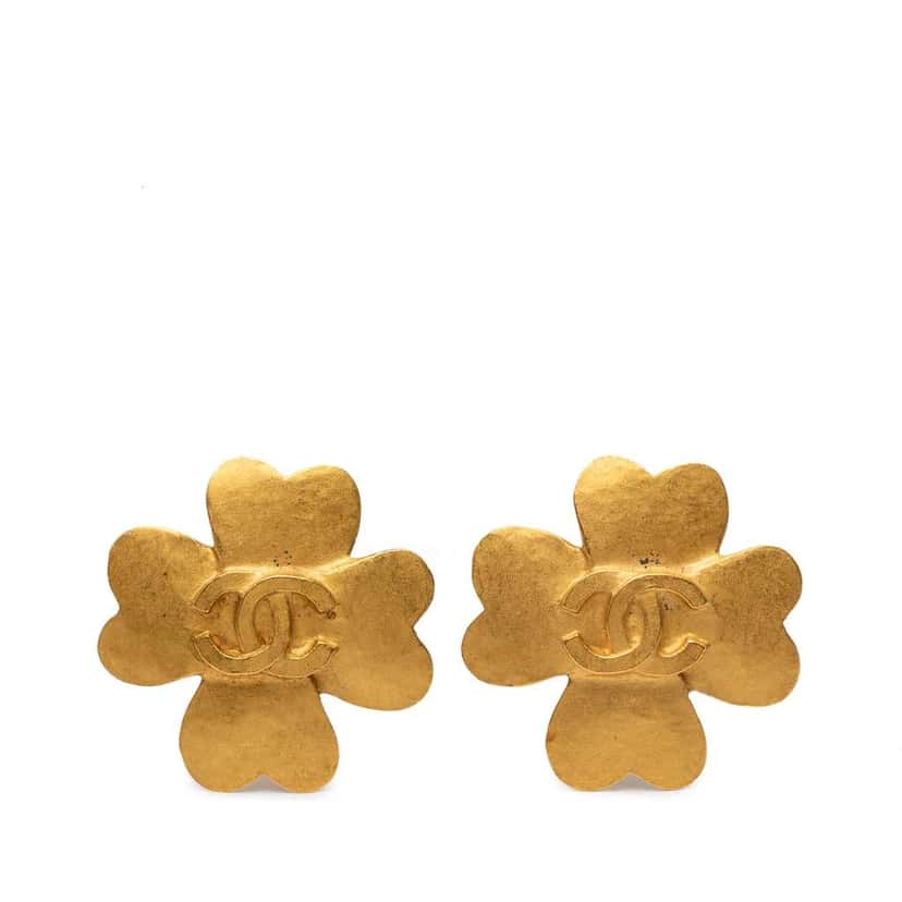 Chanel CC Gold Plated Clover Clip On Earrings Gold Metal Good condition - Front View