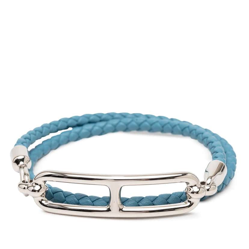 Hermès Braided Swift Roulis Double Tour Bracelet Blue Leather Good condition - Front View