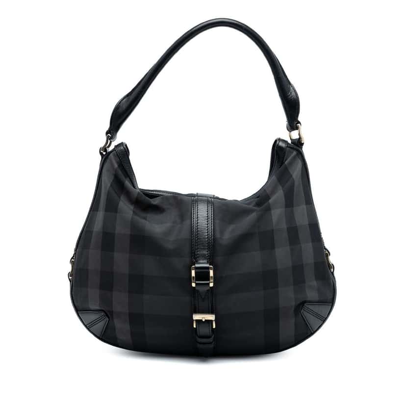 Burberry Grafton Check Nylon Hobo Bag Black Good condition - Front View