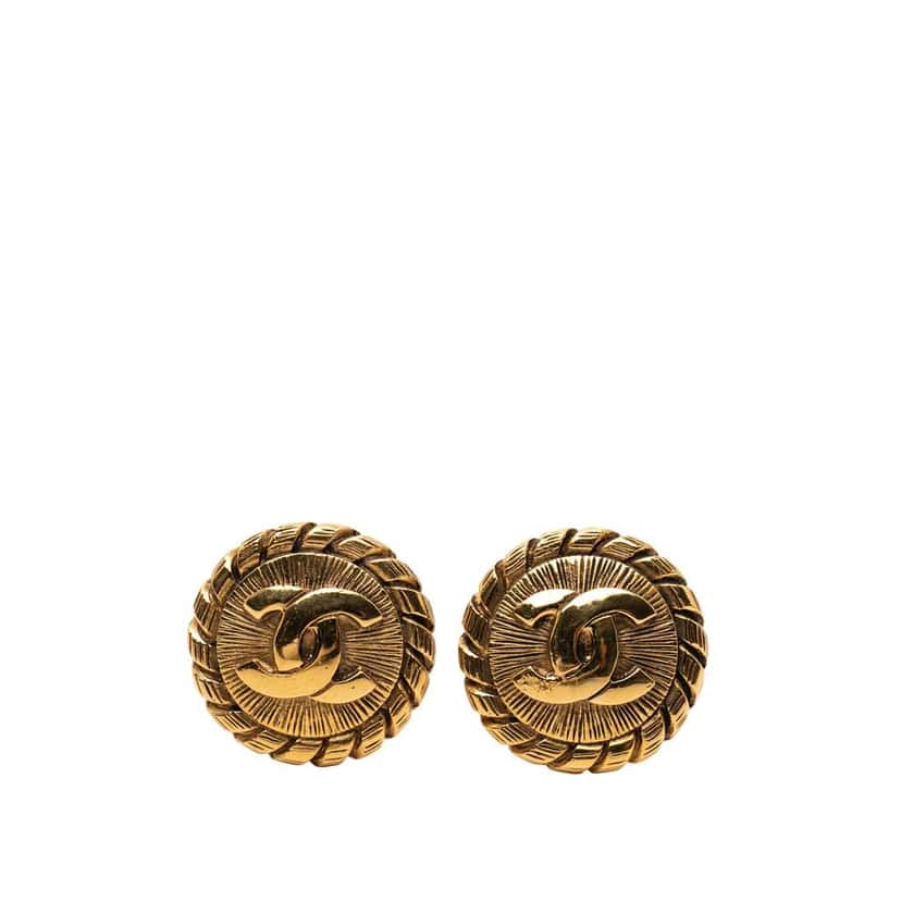 Chanel CC Gold Plated Round Clip On Earrings Gold Metal Good condition - Front View