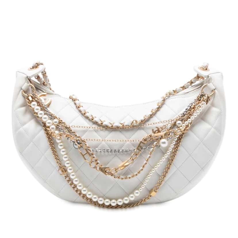 Chanel Quilted Lambskin All About Chains Hobo White Leather Very good condition - Front View