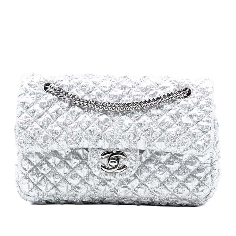 Chanel Small Classic Metallic Lame Bijoux Chain Double Flap Silver Polyester Good condition - Front View