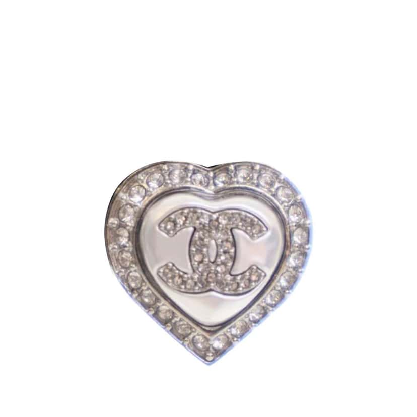 Chanel Silver Plated Faux Pearl Crystal CC Heart Push Back Earrings Silver Metal Good condition - Back View