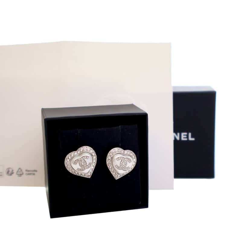 Chanel Silver Plated Faux Pearl Crystal CC Heart Push Back Earrings Silver Metal Good condition - Inside View