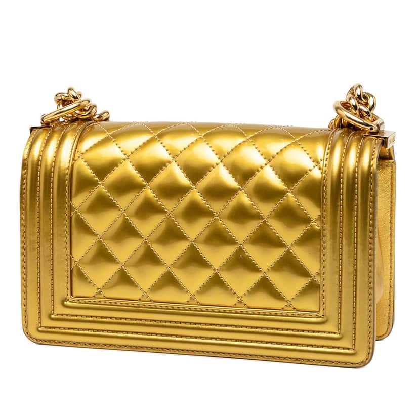 Chanel Small Quilted Metallic Patent Boy Flap Gold Leather Good condition - Back View
