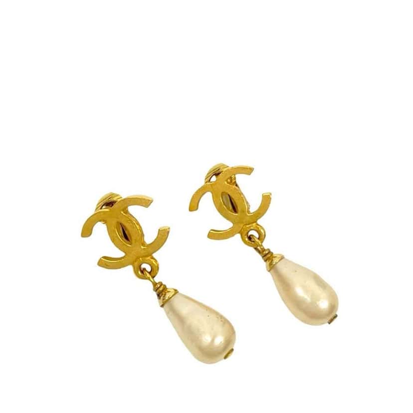 Chanel CC Gold Plated Faux Pearl Drop Clip On Earrings Gold Metal Good condition - Back View