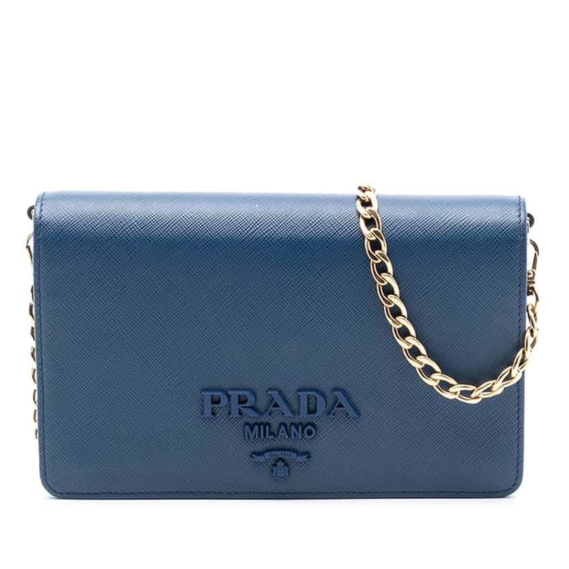 Prada Saffiano Lux Monochrome Wallet on Chain Blue Leather Very good condition - Front View
