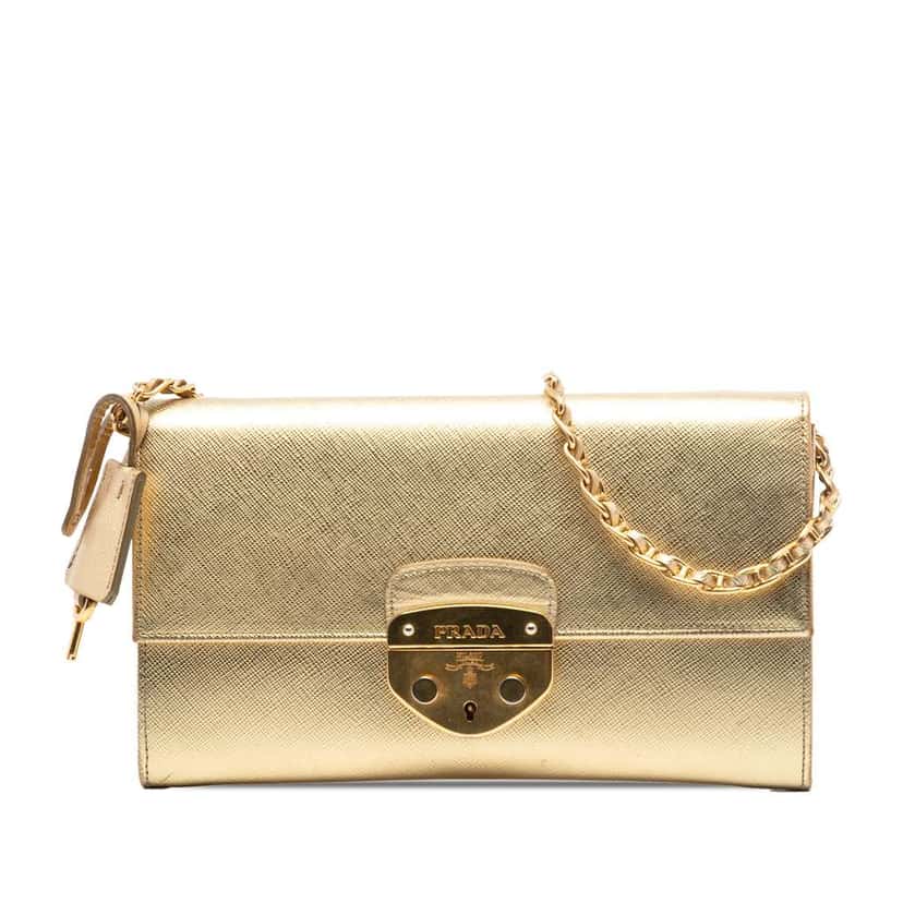Prada Saffiano Sound Lock Wallet on Chain Gold Leather Good condition - Front View