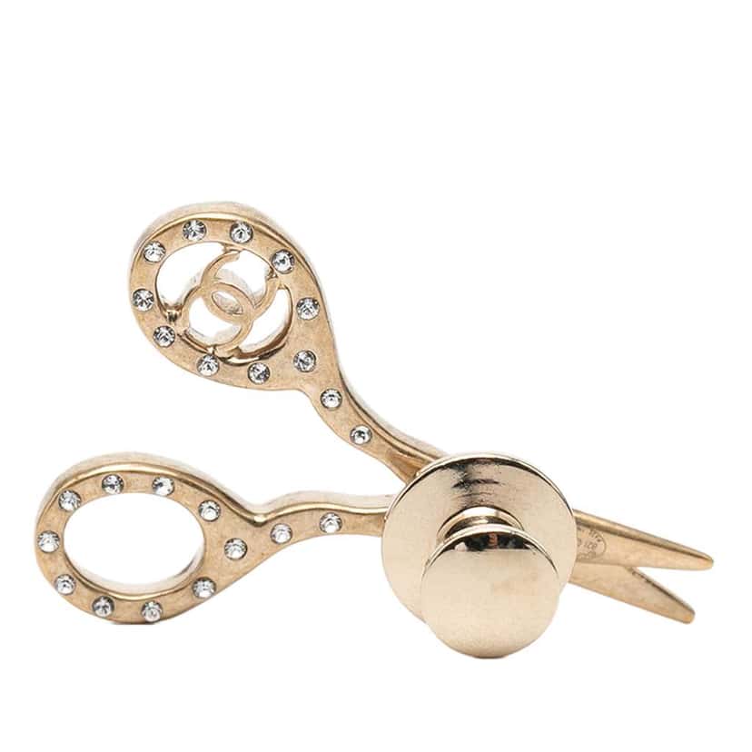 Chanel CC Gold Plated Strass Scissors Brooch Pin Gold Metal Good condition - Back View