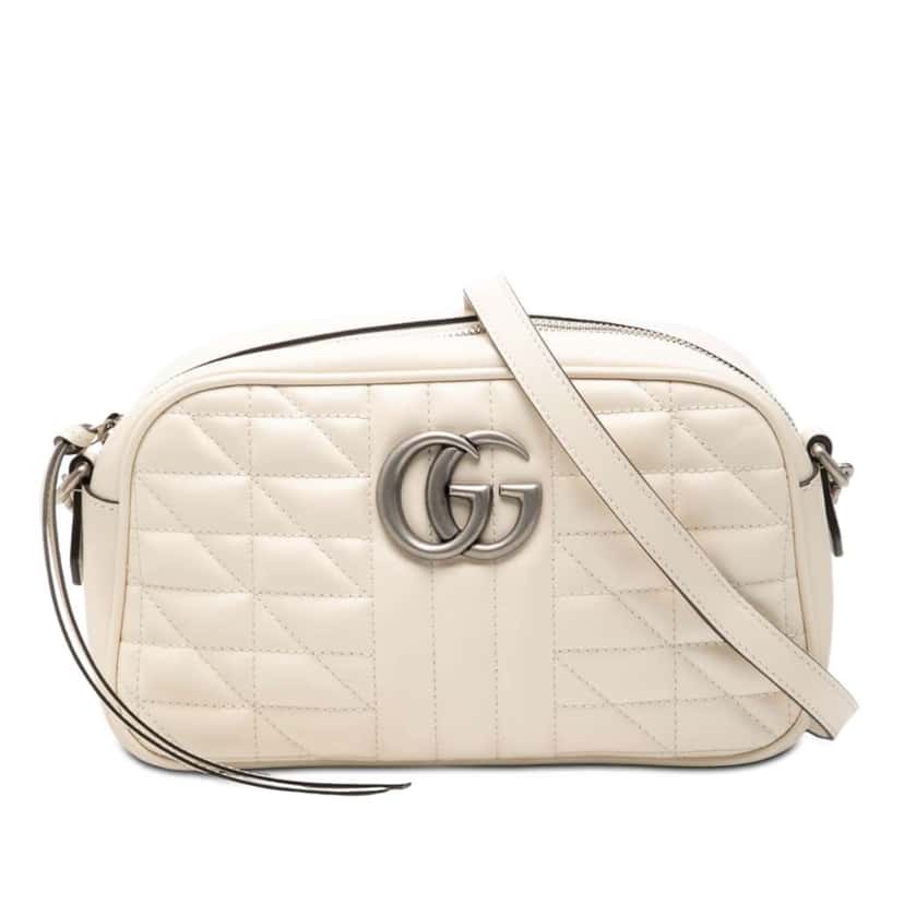 Gucci Small GG Marmont Matelasse Leather Aria Crossbody White Leather Very good condition - Front View