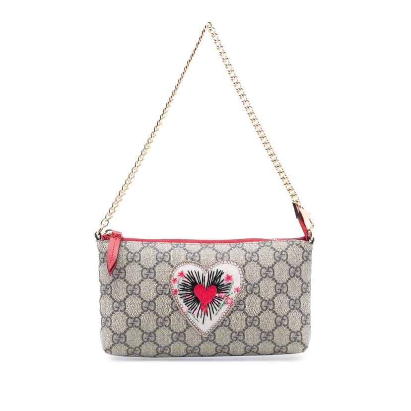 Gucci GG Supreme Embroidered Heart Chain Pochette Brown Canvas Good condition - Front View