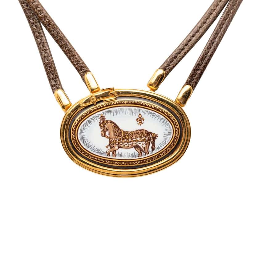 Hermès Leather and Enamel Grand Apparat Pendant Necklace Brown Leather Good condition - Front View