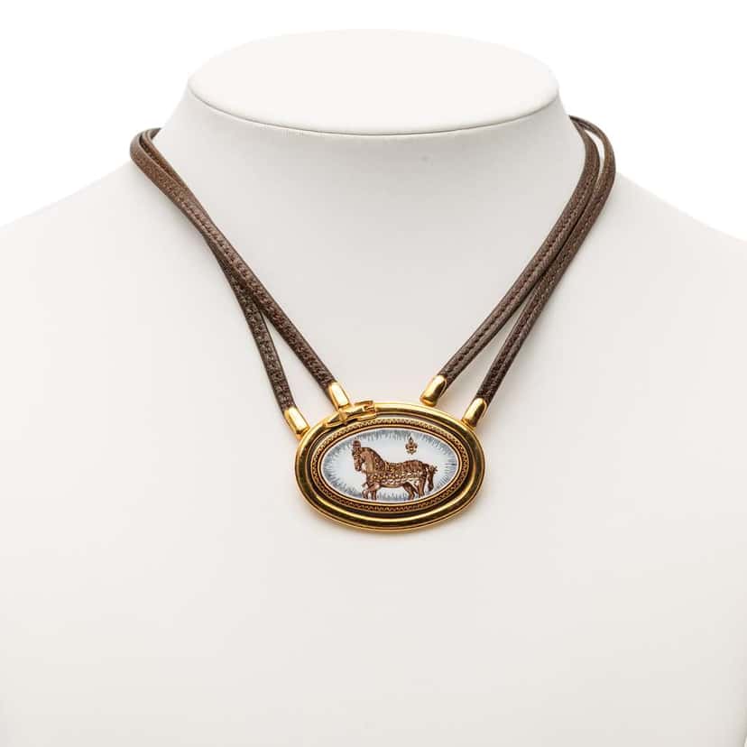 Hermès Leather and Enamel Grand Apparat Pendant Necklace Brown Leather Good condition - Box View