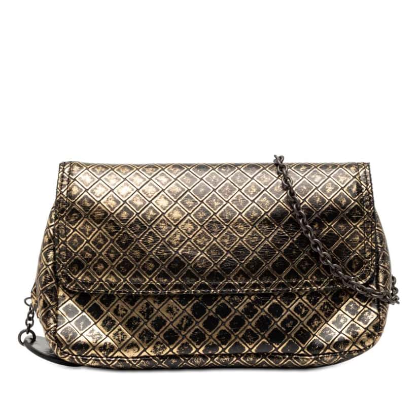 Bottega Veneta Metallic Calfskin Intrecciomirage Chain Flap Crossbody Gold Leather Very good condition - Front View