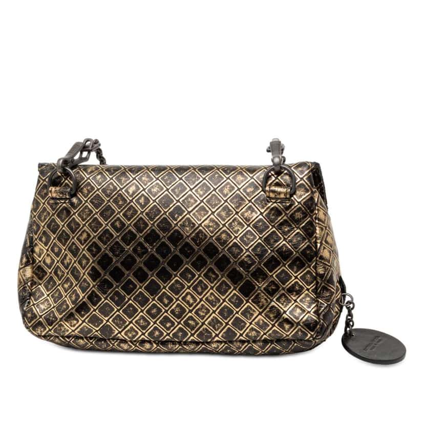 Bottega Veneta Metallic Calfskin Intrecciomirage Chain Flap Crossbody Gold Leather Very good condition - Back View