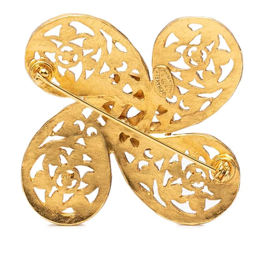 Chanel Gold Plated CC Fretwork Clover Brooch Gold Metal Very good condition - Back View