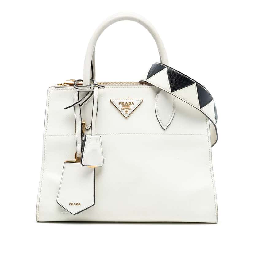 Prada City Calf Trimmed Saffiano Greche Paradigme Bag White Leather Very good condition - Front View