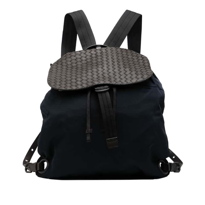 Bottega Veneta Canvas and Nappa Intrecciato Flap Backpack Blue Canvas Good condition - Front View