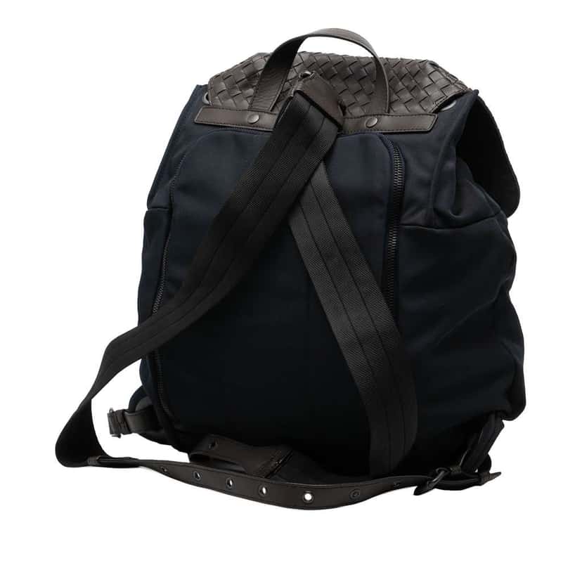 Bottega Veneta Canvas and Nappa Intrecciato Flap Backpack Blue Canvas Good condition - Back View