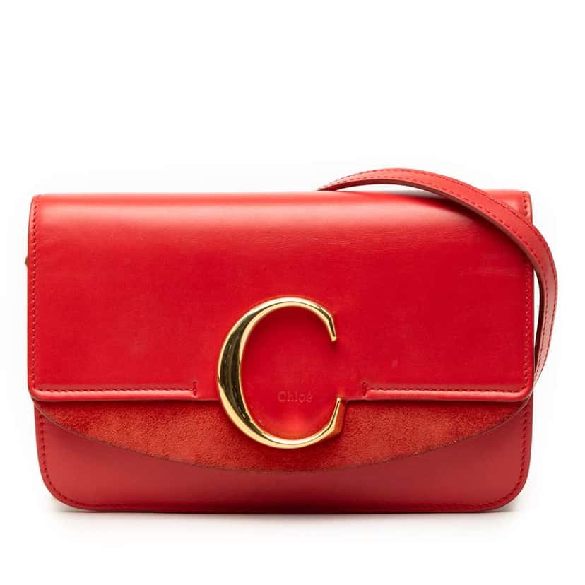 Salvatore Ferragamo Small Calfskin and Suede C Clutch With Chain Red Leather Very good condition - Front View
