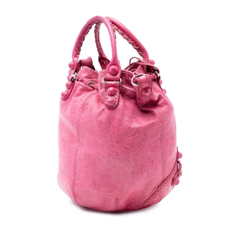 Balenciaga Lambskin Motocross Giant Brogues Pompon Bucket Bag Pink Leather Very good condition - Back View