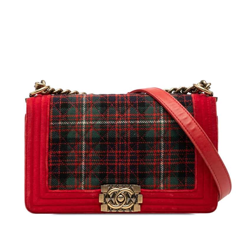 Chanel Old Medium Quilted Tweed and Velvet Boy Flap Red Velvet Very good condition - Front View