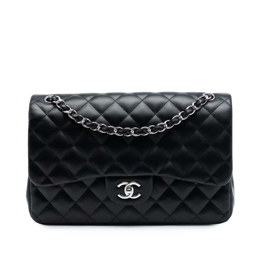 Chanel Jumbo Classic Lambskin Double Flap Black Leather Very good condition - Front View