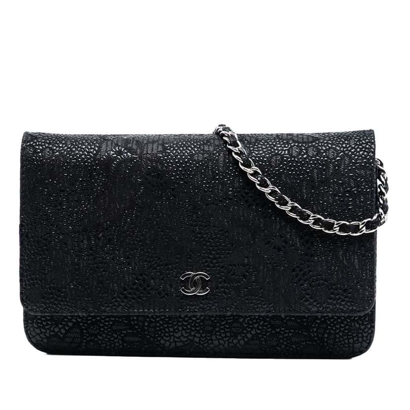 Chanel CC Lace Overlay Goatskin Wallet On Chain Black Leather Good condition - Front View