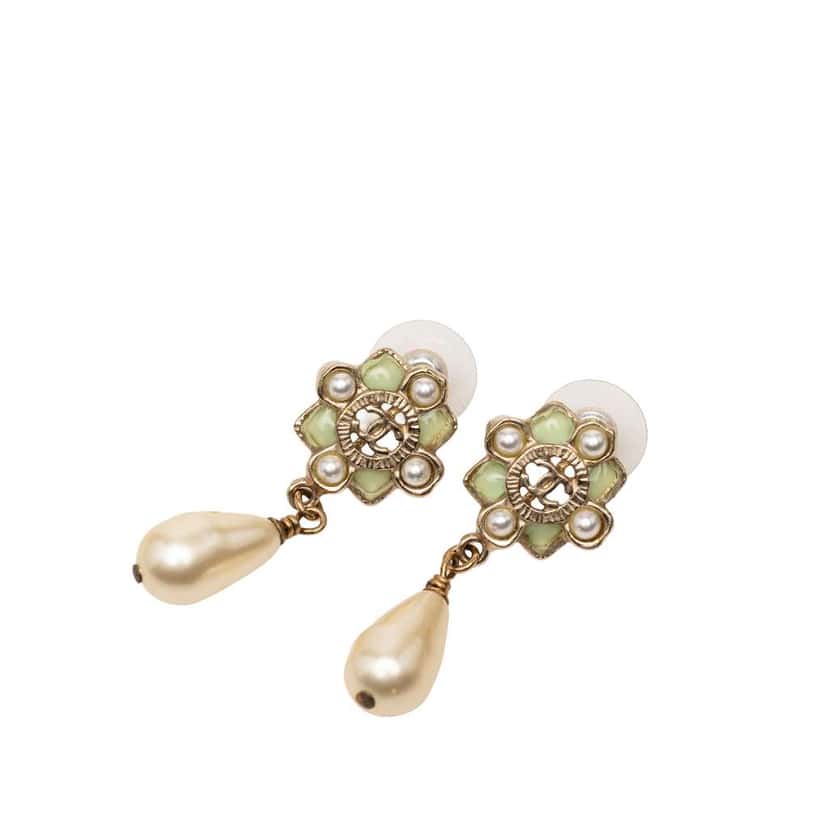Chanel Gold Plated CC Faux Pearl Resin Push Back Earrings Gold Metal Good condition - Front View