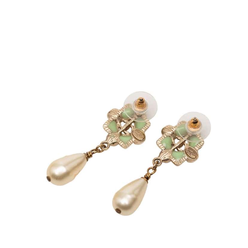 Chanel Gold Plated CC Faux Pearl Resin Push Back Earrings Gold Metal Good condition - Back View
