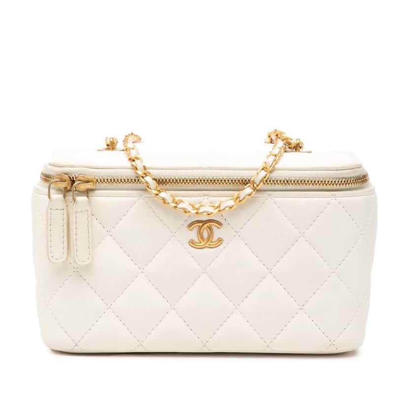 Chanel Small Quilted Lambskin Vanity Case with Chain White Leather Good condition - Front View