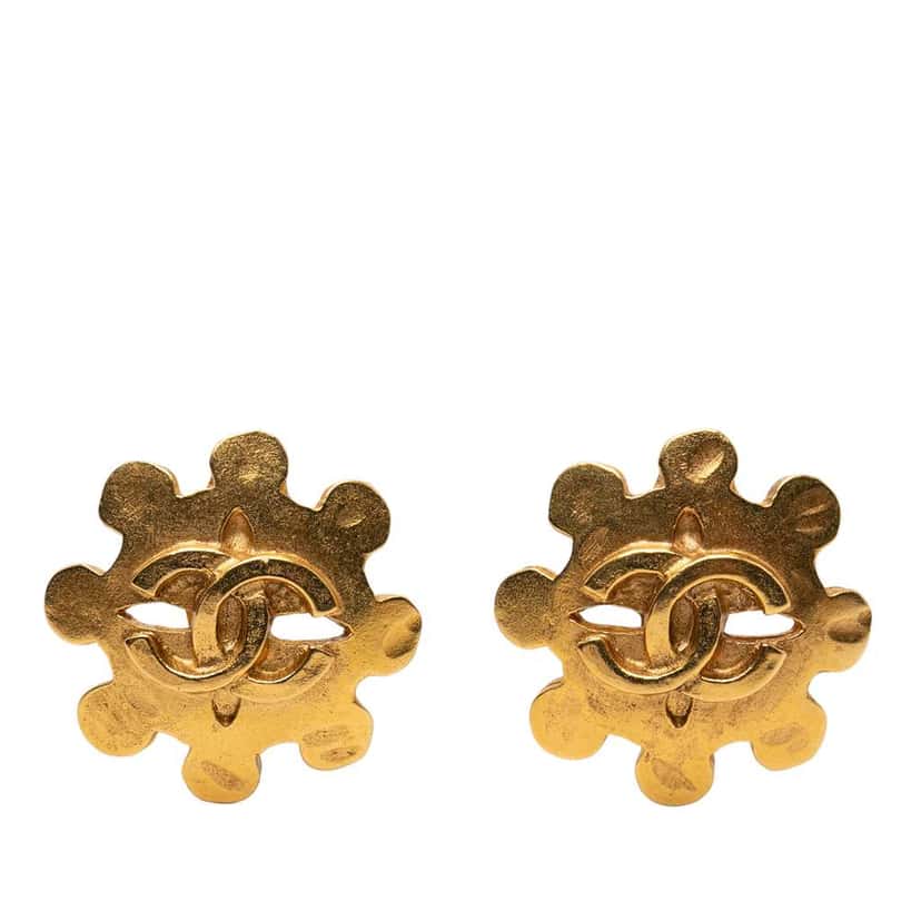 Chanel CC Gold Plated Flower Clip On Earrings Gold Metal Very good condition - Front View