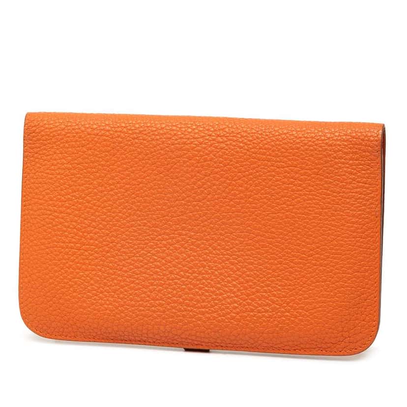 Hermès Clemence Dogon Duo Wallet GM Orange Leather Good condition - Back View