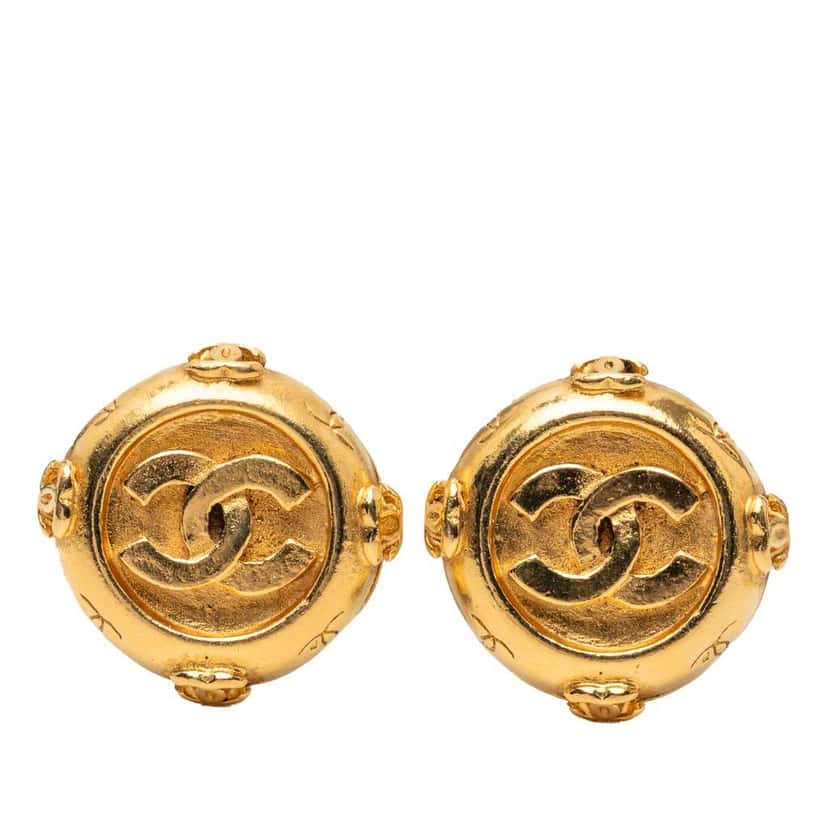 Chanel Gold Plated CC Round Clip On Earrings Gold Metal Very good condition - Front View