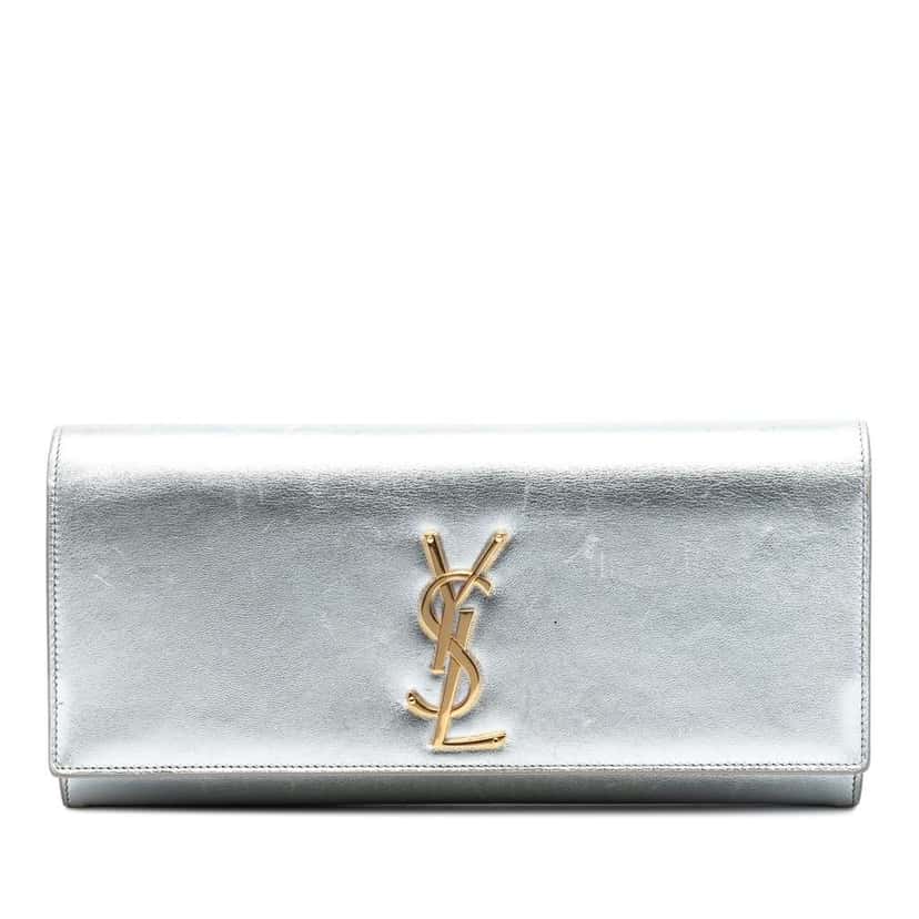 Saint Laurent Metallic Calfskin Cassandre Clutch Silver Leather Good condition - Front View