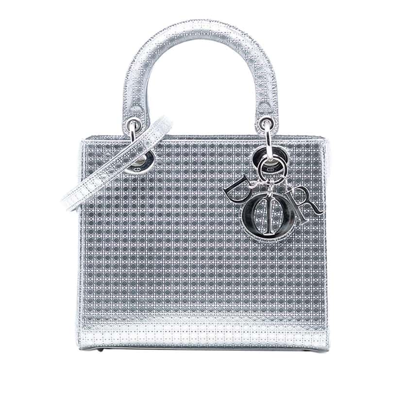 Dior Medium Metallic Patent Microcannage Lady Dior Silver Leather Good condition - Front View