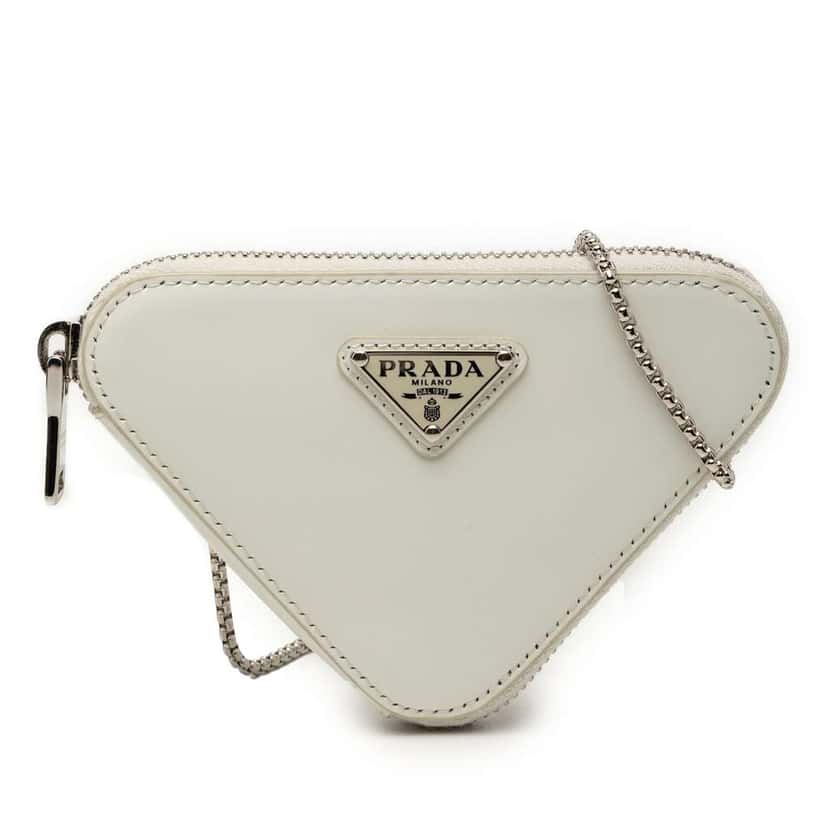 Prada Mini Brushed Leather Triangle Chain Pouch White Leather Very good condition - Front View