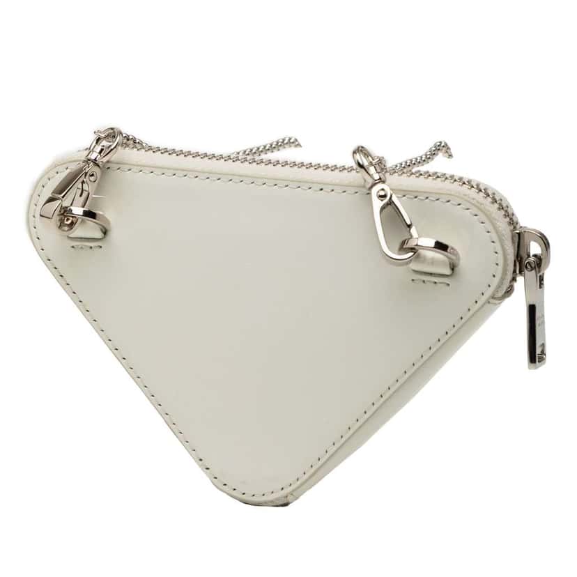 Prada Mini Brushed Leather Triangle Chain Pouch White Leather Very good condition - Back View