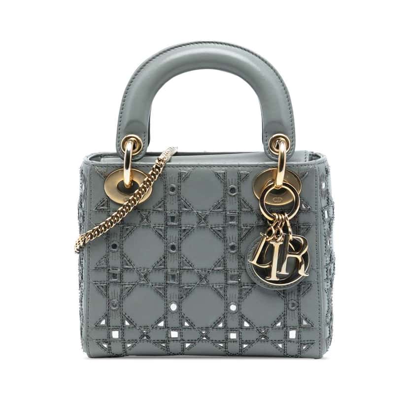 Dior Mini Calfskin Cannage Beaded Lady Dior Grey Leather Good condition - Front View