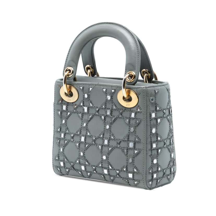 Dior Mini Calfskin Cannage Beaded Lady Dior Grey Leather Good condition - Back View
