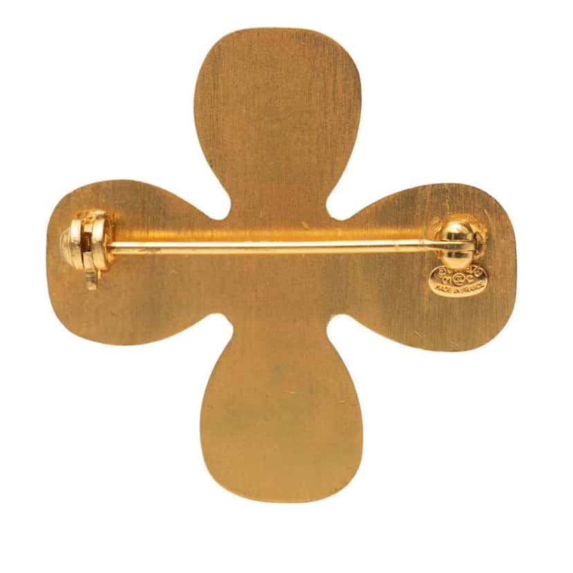 Chanel CC Gold Plated Rhinestones Clover Brooch Gold Metal Very good condition - Inside View