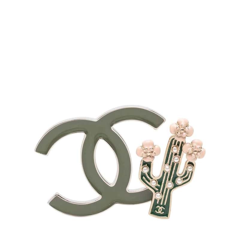 Chanel Silver Plated Enamel Faux Pearl Cactus Brooch Green Good condition - Front View