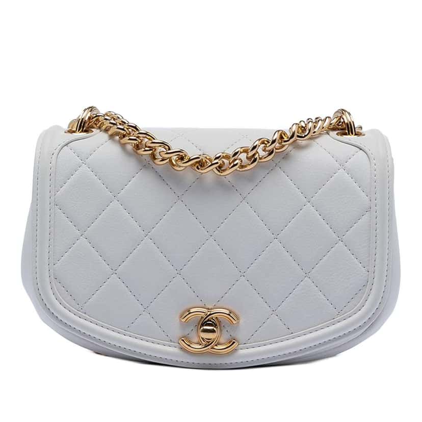 Chanel Small Quilted Calfskin Underline Saddle Flap White Leather Very good condition - Front View