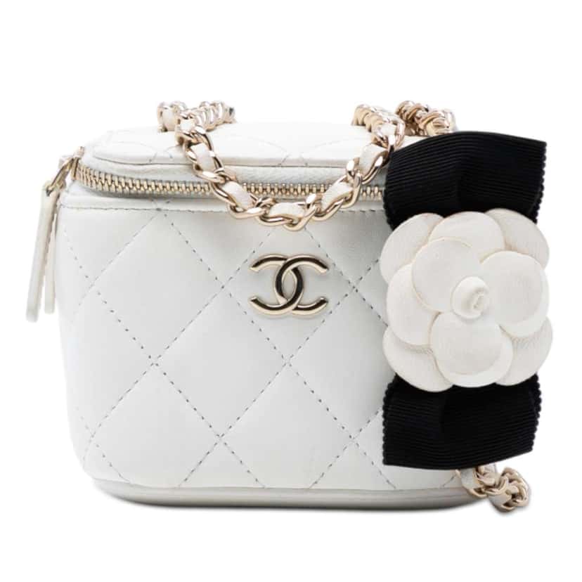 Chanel Mini Quilted Lambskin Camellia Bow Vanity Case with Chain White Leather Very good condition - Front View