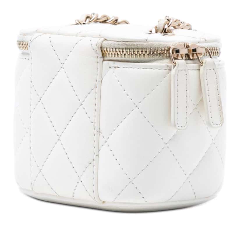 Chanel Mini Quilted Lambskin Camellia Bow Vanity Case with Chain White Leather Very good condition - Back View