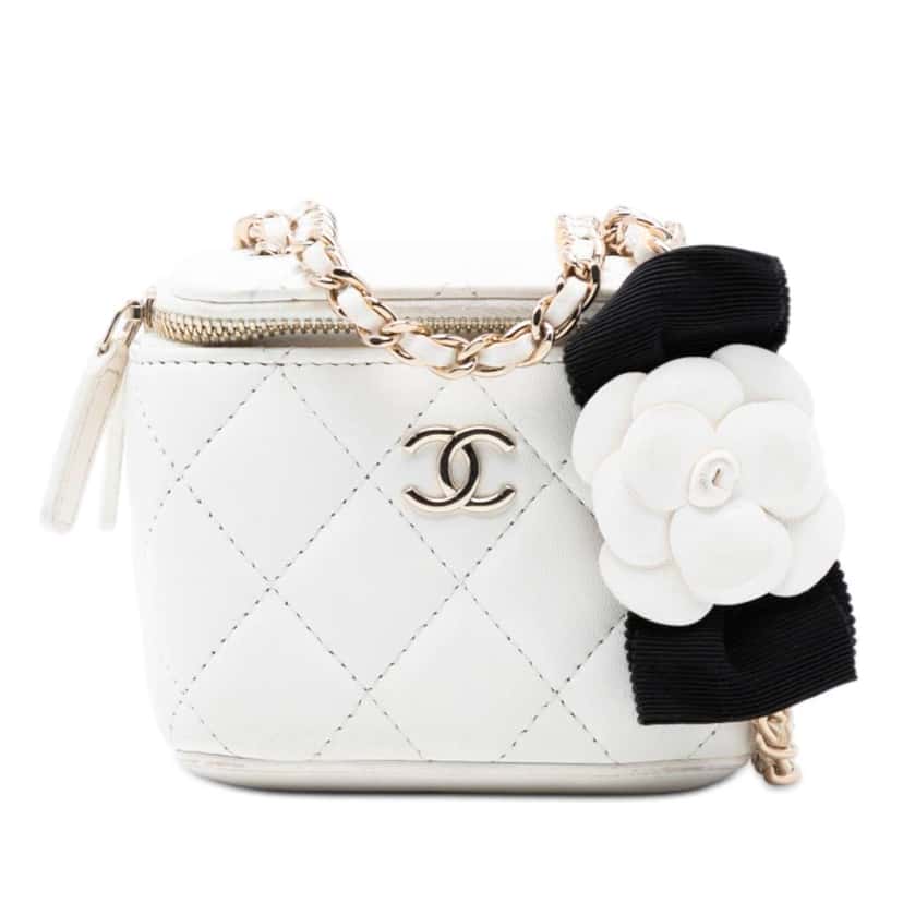 Chanel Mini Quilted Lambskin Camellia Bow Vanity Case with Chain White Leather Good condition - Front View